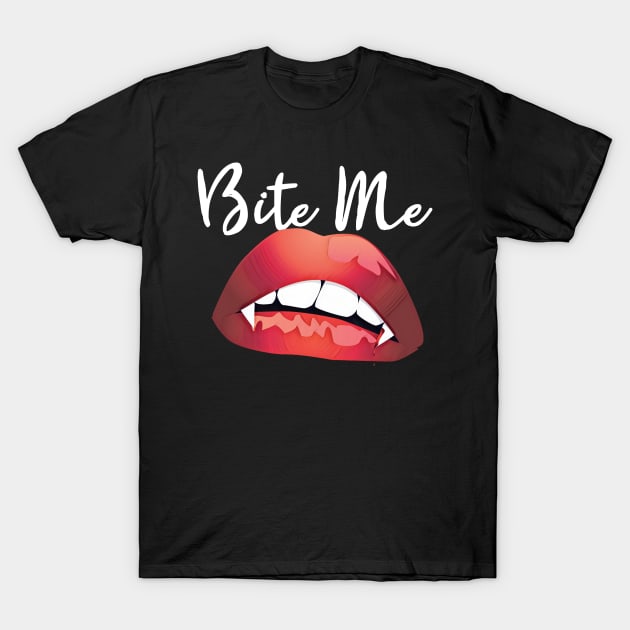 Vintage Bite Me Vampire Fangs Lips Halloween Gothic Design T-Shirt by AmbersDesignsCo